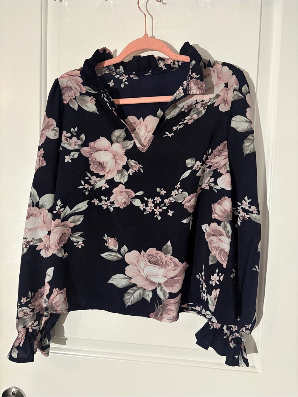 Women’s Navy Blue Floral Long-Sleeve Blouse with Ruffle Neck